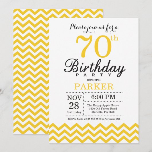 Invitation Anniversaire 70 ans Chevron Jaune (Devant / Derrière)