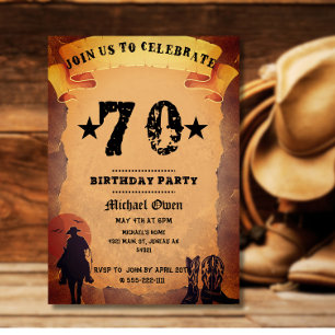 Invitation anniversaire 70 ans cowboy papier vieux cheval à c