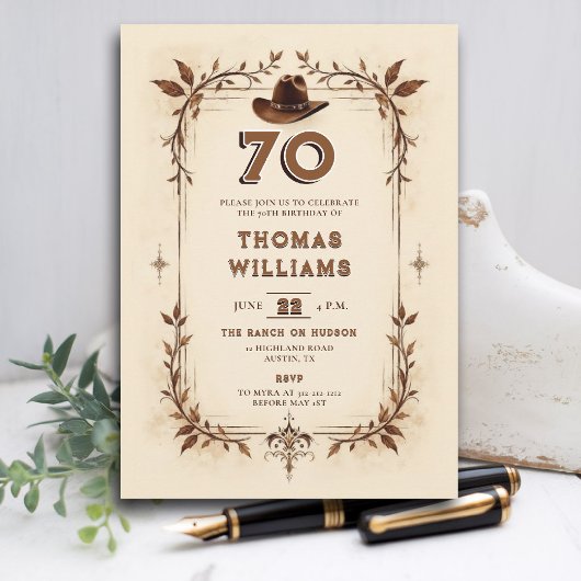 Invitation Anniversaire 70 ans Cowboy Vignes Rustique Occiden