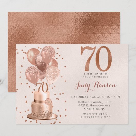 Invitation Anniversaire 70 Ans Gâteau Rose Gold (Devant / Derrière)
