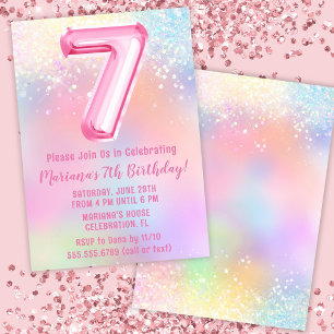 Invitation Anniversaire 7 ans Arc-en-ciel rose