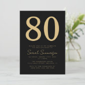 Invitation Anniversaire 80 ans écriture moderne noir or (Debout devant)