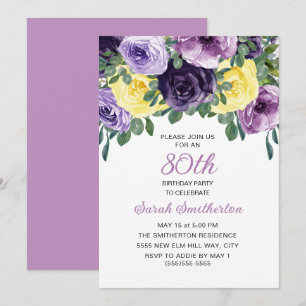 Invitation Anniversaire 80 Ans Fleurs Violettes et Jaunes Élé