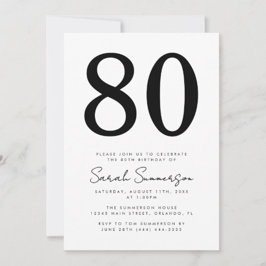 Invitation Anniversaire 80 ans noir et blanc écriture moderne (Devant)