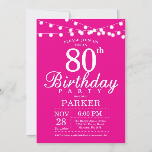 Invitation Anniversaire 80 Ans Rose Chaud (Devant)