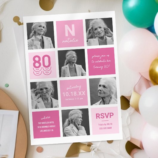 Invitation anniversaire 80 ans rose moderne avec p