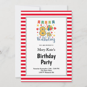 Invitation anniversaire 8 ans encadrée rayures rou