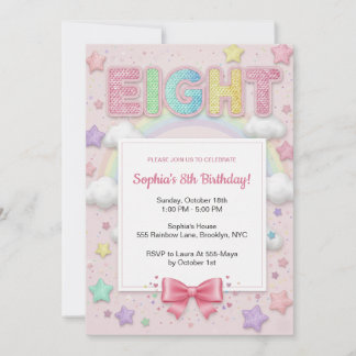 Invitation Anniversaire 8 ans fille pastel arc-en-ciel paille