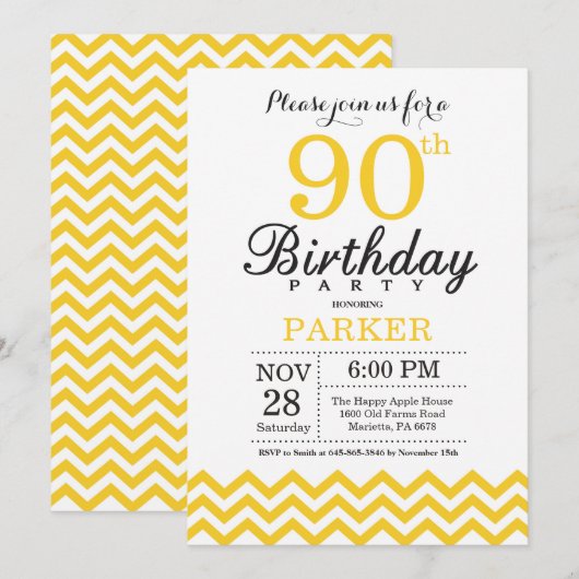 Invitation Anniversaire 90 ans Chevron Jaune (Devant / Derrière)