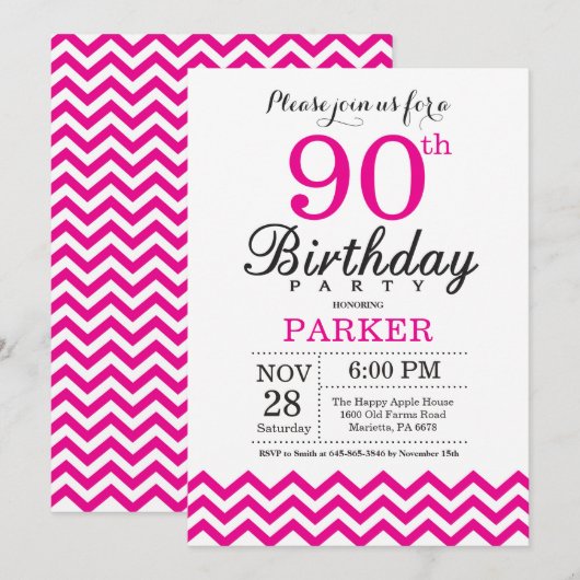 Invitation Anniversaire 90 Ans Chevron Rose Chaud (Devant / Derrière)