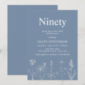 Invitation Anniversaire 90 ans Fleur de Ninety Bleu Poussiére (Devant / Derrière)