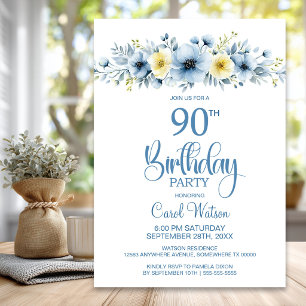 Invitation Anniversaire 90 ans Fleurs Bleu et Jaune Aquarelle