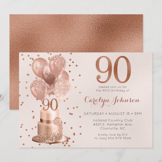 Invitation Anniversaire 90 Ans Gâteau Rose Gold (Devant / Derrière)