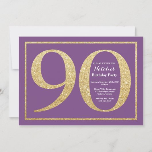 Invitation Anniversaire 90 Ans Paillettes Violette (Devant)