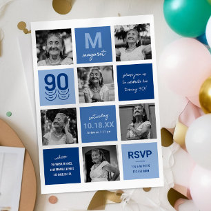 Invitation anniversaire 90 ans photo bleue moderne