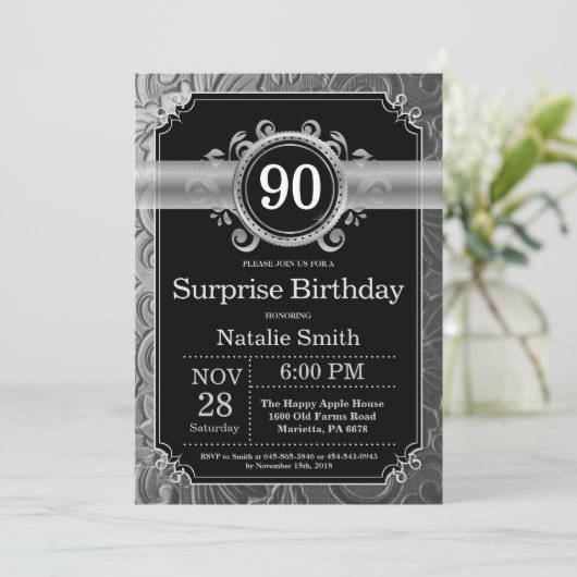 Invitation Anniversaire 90 ans surprise paillettes noires et (Debout devant)