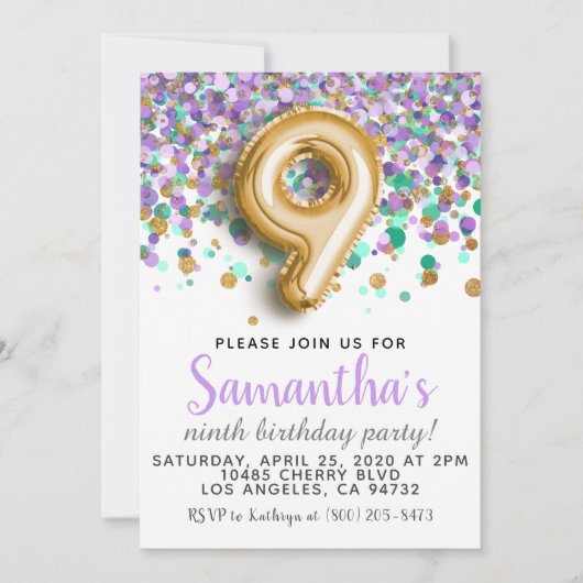 Invitation anniversaire 9 ans confettis (Devant)