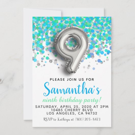 Invitation anniversaire 9 ans confettis (Devant)