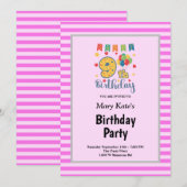 Invitation anniversaire 9 ans thème rayures roses  (Devant / Derrière)