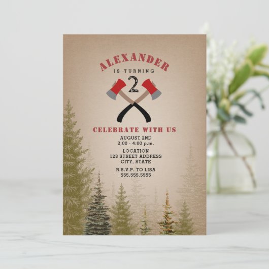 Invitation Anniversaire à feuillage persistant de bison Plaid (Debout devant)