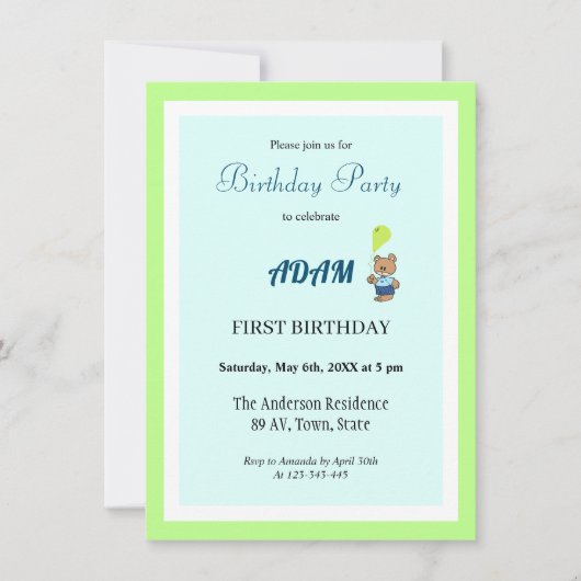 Invitation anniversaire à l'ours en peluche (Devant)