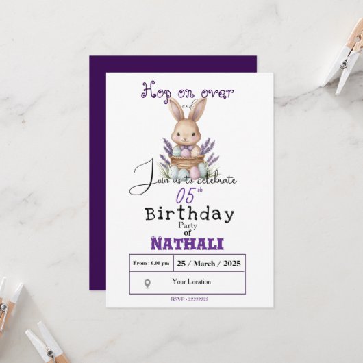 Invitation Anniversaire adorable à thème lapin (Devant/Arrière en situation)