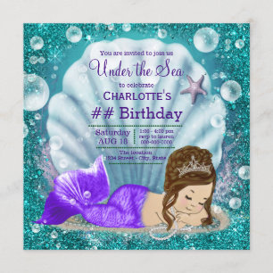 Invitation Anniversaire adorable sirène brune sous la mer