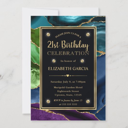 Invitation Anniversaire Agate Pailletée Violet, Bleu et Vert (Devant)