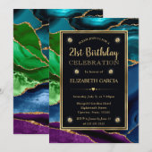 Invitation Anniversaire Agate Pailletée Violet, Bleu et Vert (Devant / Derrière)