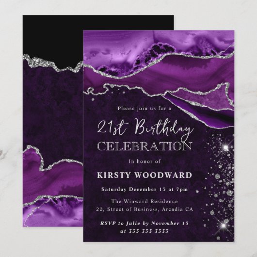 Invitation Anniversaire Agate Pailletée Violet et Argent (Devant / Derrière)
