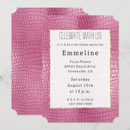 Invitation Anniversaire animal rose Faux Alligator (Devant / Derrière)