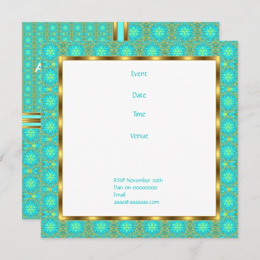 Invitation Anniversaire Aqua & Gold Patchwork (Devant / Derrière)