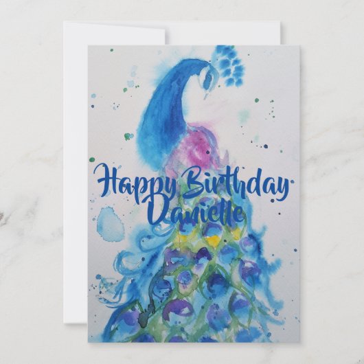 Invitation anniversaire aquarelle art paon bleu (Devant)