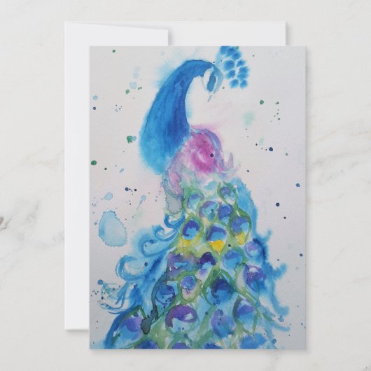 Invitation anniversaire aquarelle art paon bleu (Devant)