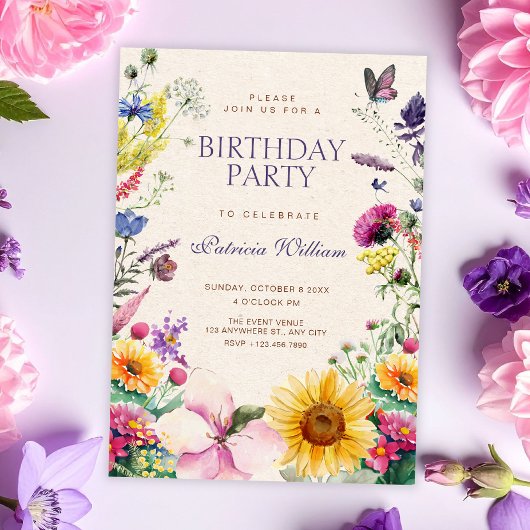 Invitation Anniversaire aquarelle florale rustique