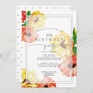 Invitation Anniversaire   Aquarelle Jaune et Rouge Gerbera Da