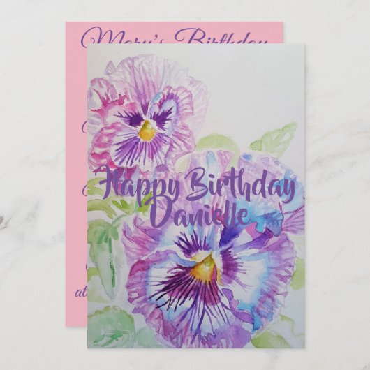 Invitation anniversaire aquarelle Purple Pansy Art (Devant / Derrière)