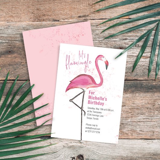 Invitation Anniversaire Aquarelle rose Flamant rose de plage 
