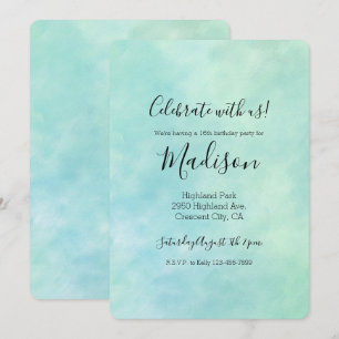 Invitation Anniversaire Aquarelle Tie Dye Bleu Aqua Menthe