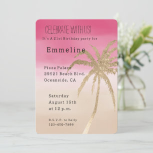 Invitation Anniversaire Arbre Palmier Tropical Or Rose Pêche