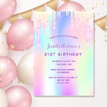 Invitation Anniversaire arc-en-ciel parties scintillant rose<br><div class="desc">Une invitation à la fête d'anniversaire de 21e anniversaire, féminine et féminine (ou tout âge). Devant : Un arrière - plan de couleur arc-en-ciel en violet, rose, vert menthe, or rose. Décoré avec des gouttes de parties scintillant en violet, rose et faux or. Personnalisez et ajoutez un nom et des...</div>