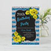 Invitation Anniversaire Argent Bleu Parties scintillant Roses (Debout devant)