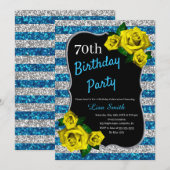 Invitation Anniversaire Argent Bleu Parties scintillant Roses (Devant / Derrière)