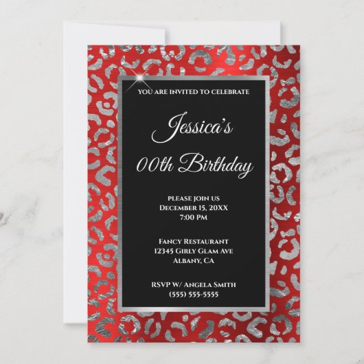 Invitation Anniversaire Argent et Rouge Léopard Feuille (Devant)
