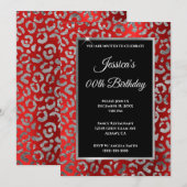 Invitation Anniversaire Argent et Rouge Léopard Feuille (Devant / Derrière)