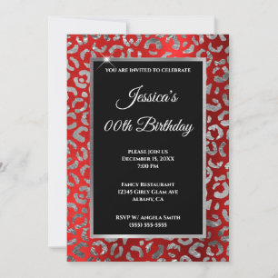 Invitation Anniversaire Argent et Rouge Léopard Feuille
