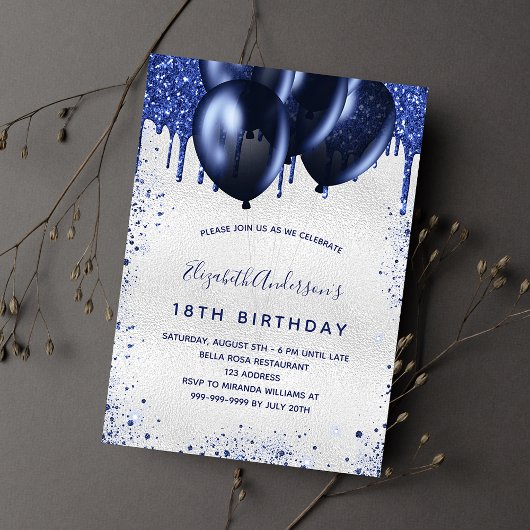 Invitation Anniversaire argent marine bleu gouttes ballons lu