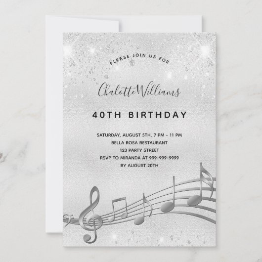 Invitation Anniversaire argent musique notes métal parties sc (Devant)