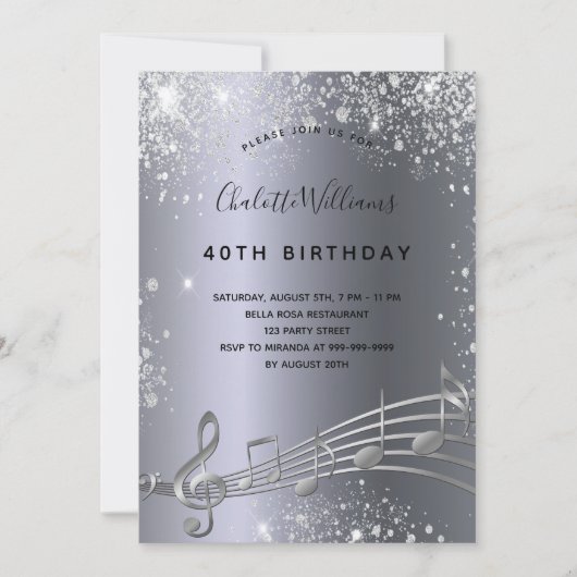 Invitation Anniversaire argent musique notes métal parties sc (Devant)