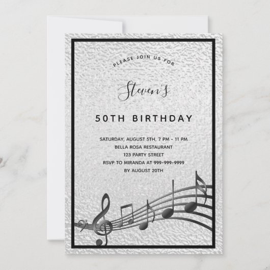 Invitation Anniversaire argent noir notes métalliques (Devant)